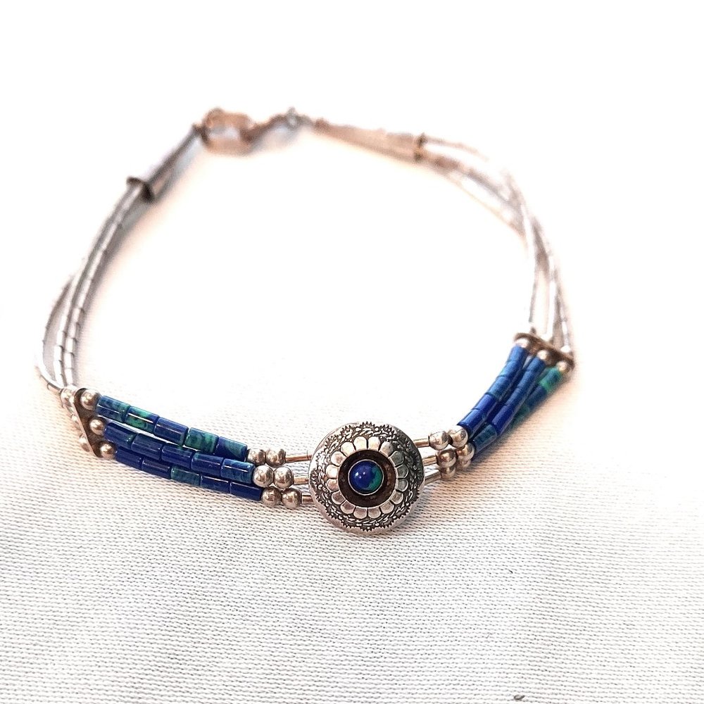 Sterling Chrysocolla Three Strand Bracelet Signed QT .925 7 Inch